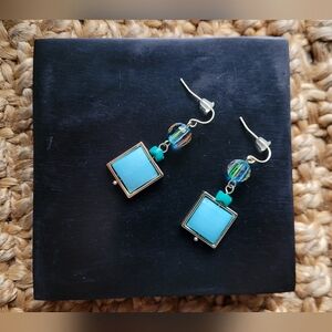 Teal and Gold Toned Geometric Drop Earrings
